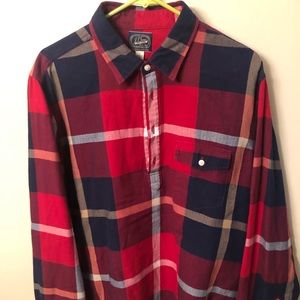 J crew flannel, red and blue check. Half button